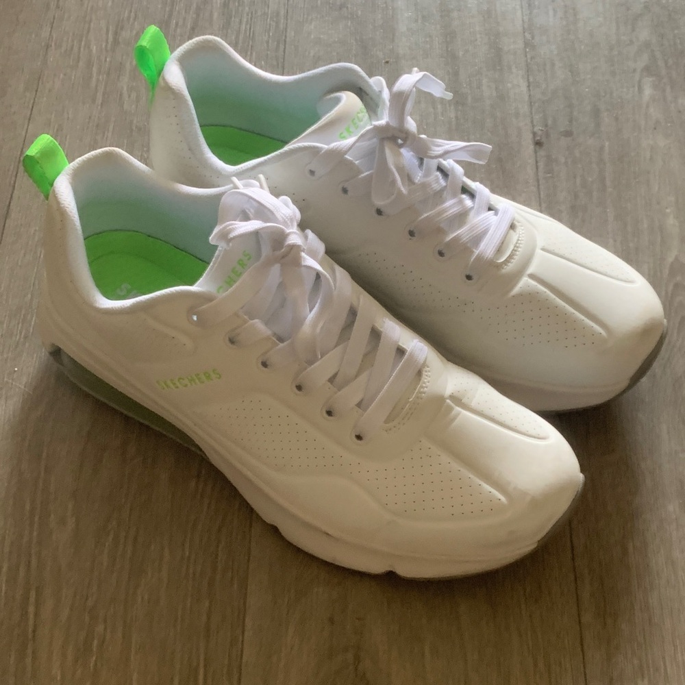 White and Neon Green Skechers Sneakers
